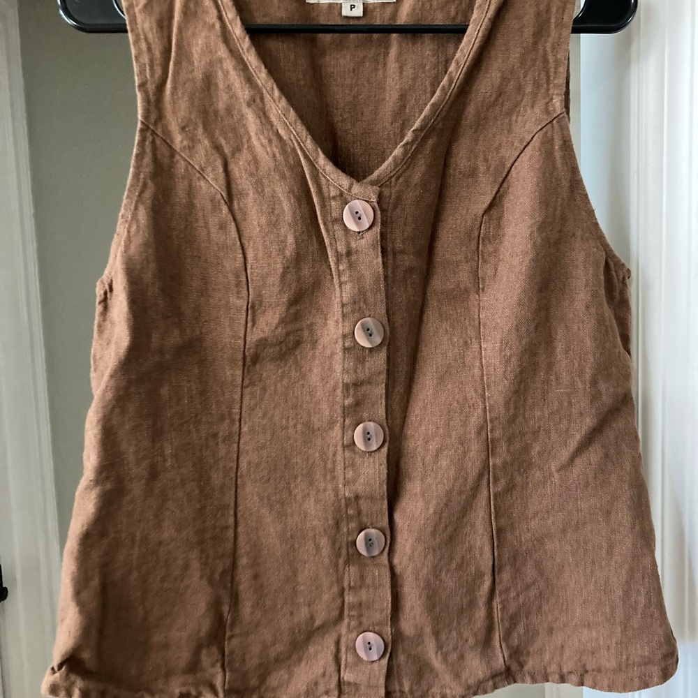 Flax Linen Brown Sleeveless Button-Up Vest